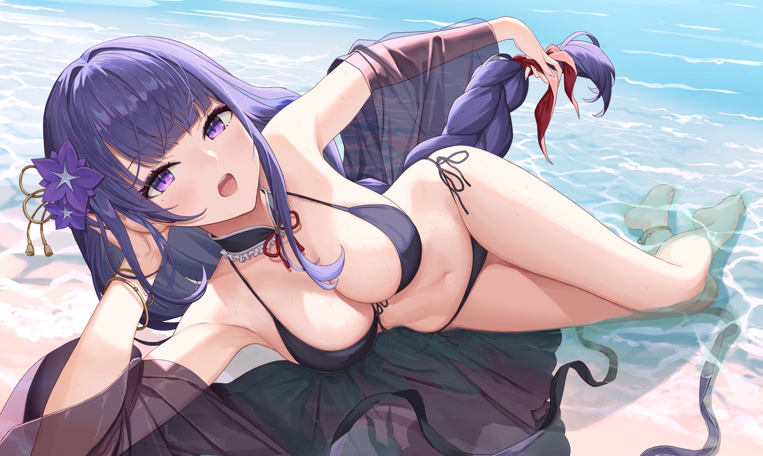 barefoot, beach, bikini, blush, braids, breasts, choker, cleavage, genshin_impact, hamahama, long_hair, ponytail, purple_eyes, purple_hair, raiden_shogun, ribbons, see_through, swimsuit, water, wristwear