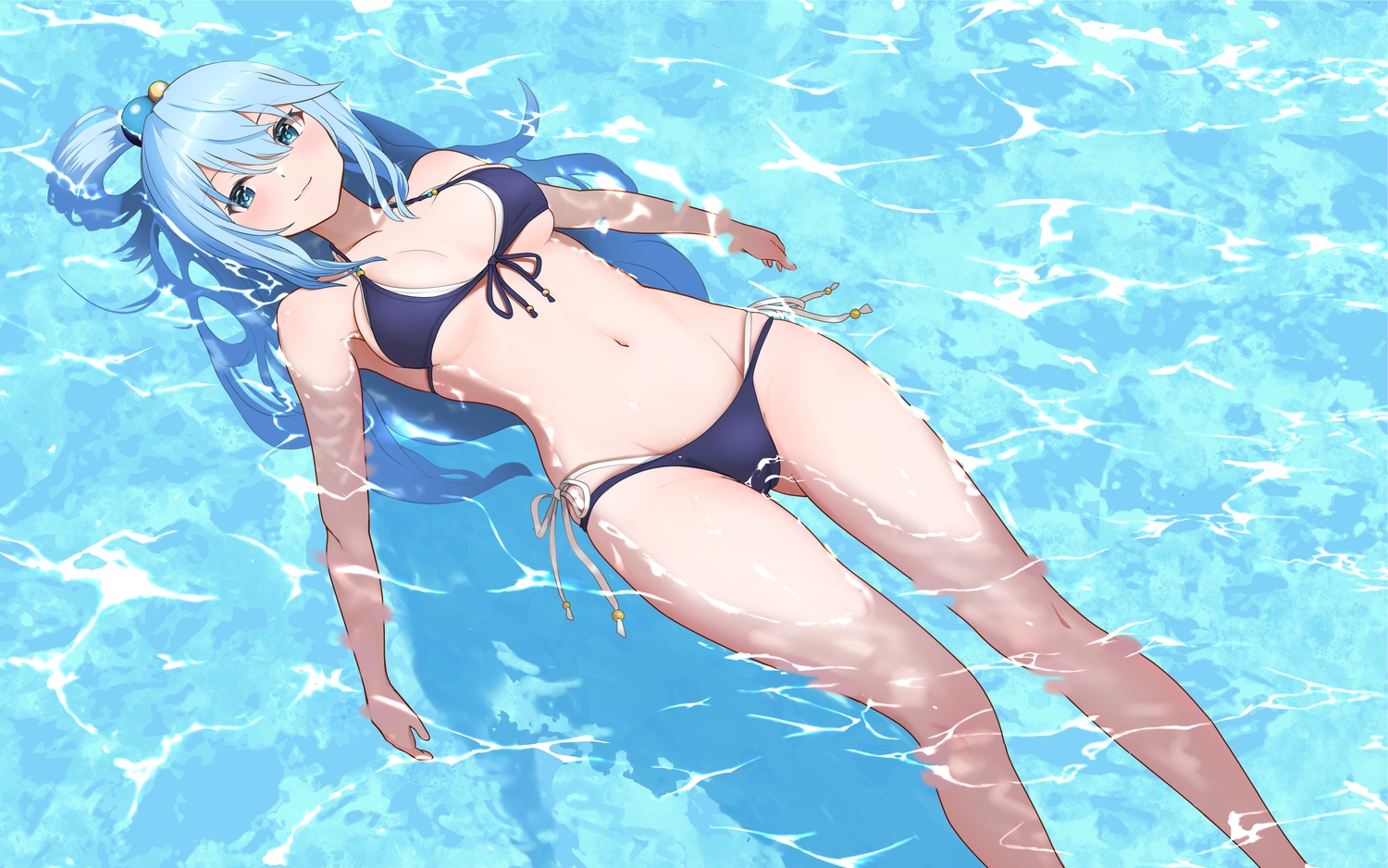 aqua_(konosuba), bikini, blue_eyes, blue_hair, blush, breasts, cameltoe, gibun_(sozoshu), kono_subarashii_sekai_ni_shukufuku_wo!, long_hair, navel, swimsuit, water