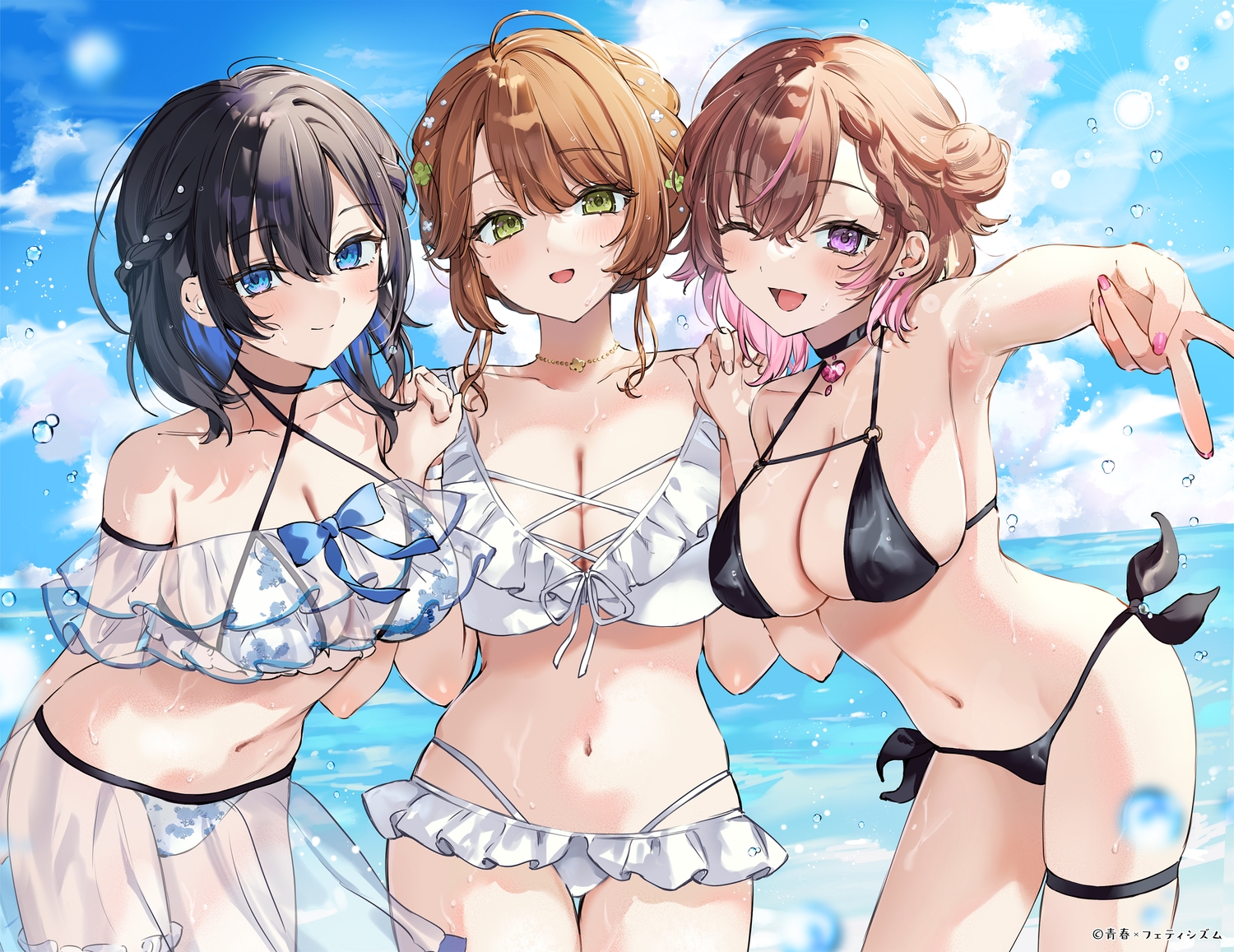 aoharu_x_fetishism, bikini, black_hair, blue_eyes, blush, braids, breasts, brown_hair, choker, clouds, garter, green_eyes, navel, necklace, nekoyashiki_pushio, original, purple_eyes, see_through, short_hair, sky, swimsuit, water, watermark, wet, wink