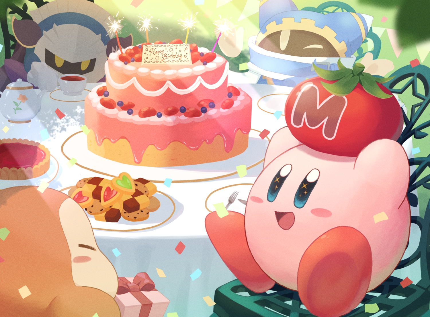 cake, drink, food, group, kirby, kirby_(character), magolor, meta_knight, nagi-negitoro, no_humans, waddle_dee, wink