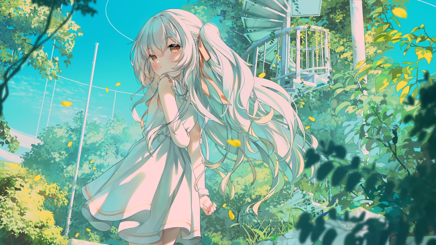 blush, bow, chen_bin, clouds, dress, flat_chest, leaves, loli