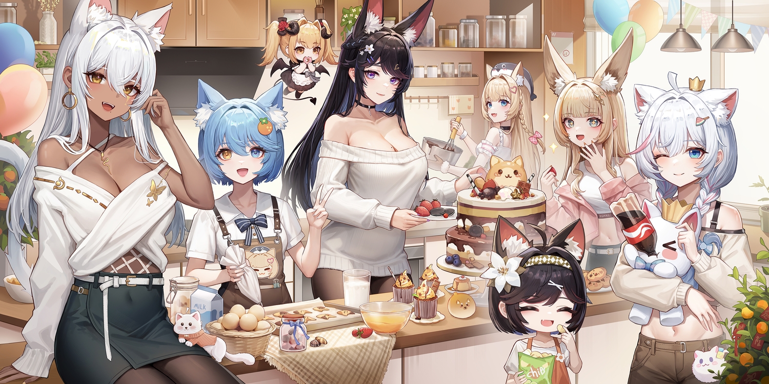 animal, animal_ears, apron, bicolored_eyes, black_hair, blonde_hair, blue_eyes, blue_hair, blush, bow, braids, breasts, cake, catgirl, cat_smile, chibi, choker, cleavage, crown, dark_skin, fang, food, fruit, gray_hair, green_eyes, group, headband, horns, jianshu, loli, long_hair, maid, navel, necklace, orange_eyes, original, pantyhose, purple_eyes, shirt, short_hair, skirt, strawberry, tail, thighhighs, tree, twintails, white_hair, wings, wink, wristwear, yellow_eyes