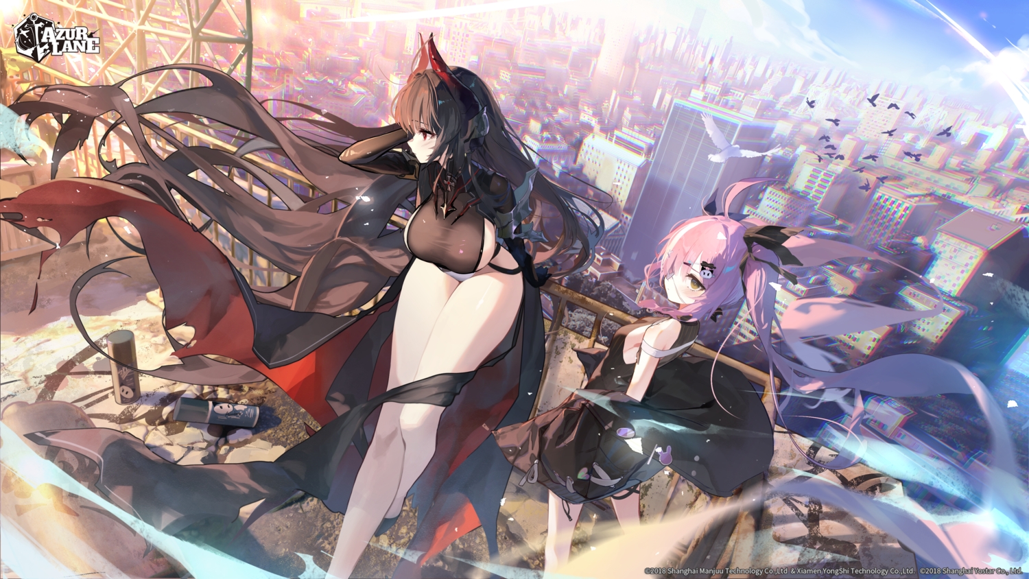 2girls, 3d, alvitr_(azur_lane), anthropomorphism, armor, azur_lane, black_hair, blush