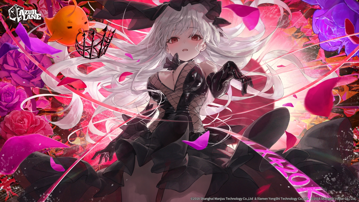 animal, anthropomorphism, azur_lane, bird, breasts, cleavage, crown, dress, elbow_gloves, flowers, gloves, goth-loli, gray_hair, headdress, logo, lolita_fashion, long_hair, manjuu_(azur_lane), petals, queen_elizabeth_(azur_lane), red_eyes, r_o_ha, skintight