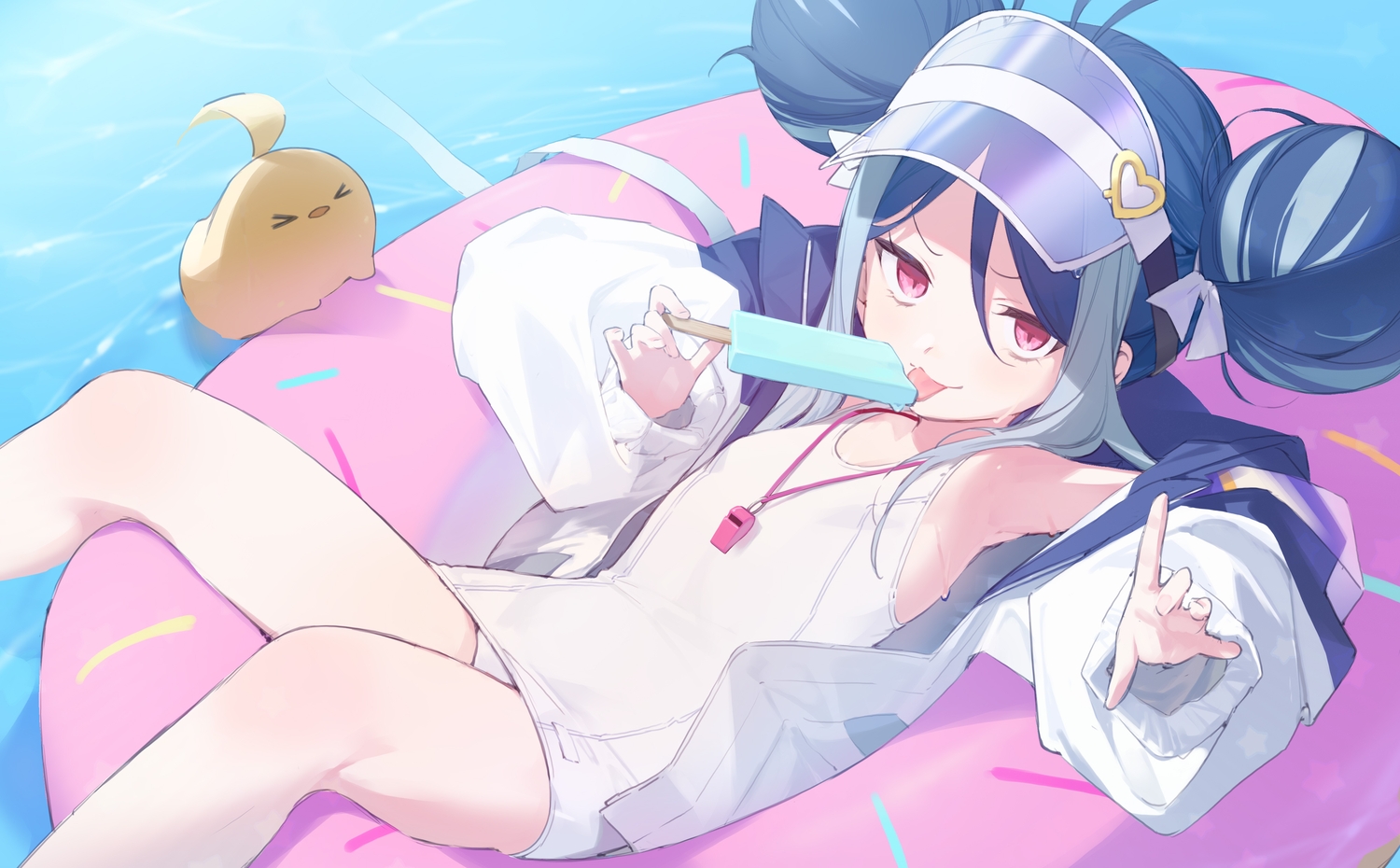 amana_(pocketkey), animal, bird, blue_archive, blue_hair, cat_smile, flat_chest, hat