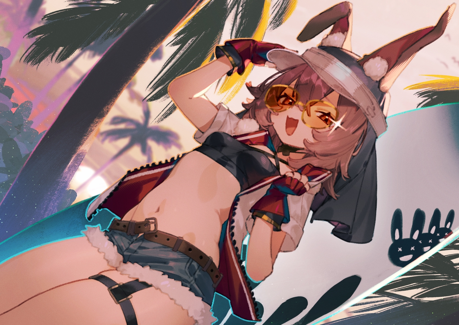 animal_ears, arknights, brown_hair, bunny_ears, bunnygirl, caper_(arknights), cat_smile, clouds