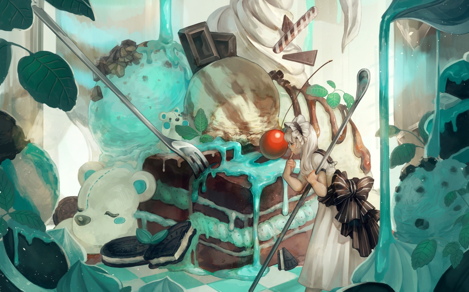 black_eyes, bow, cake, cherry, chocolate, dress, food, fruit, headdress, ice_cream, korukua, leaves, lolita_fashion, long_hair, original, teddy_bear, white_hair