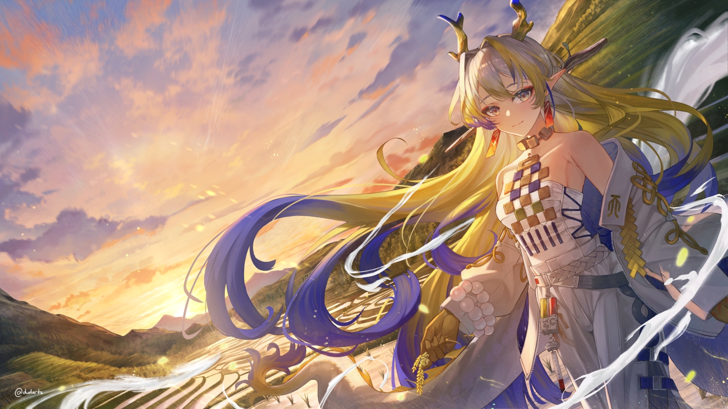arknights, blush, clouds, dvdarts, horns, landscape, long_hair, necklace