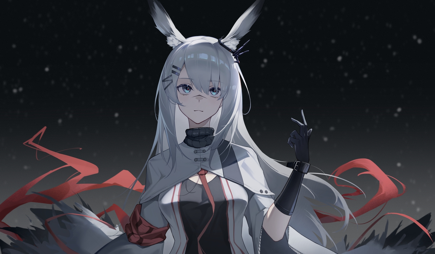 2sankta, animal_ears, arknights, black, blue_eyes, bunny_ears, bunnygirl, frostnova_(arknights), gloves, gradient, gray_hair, long_hair, scar