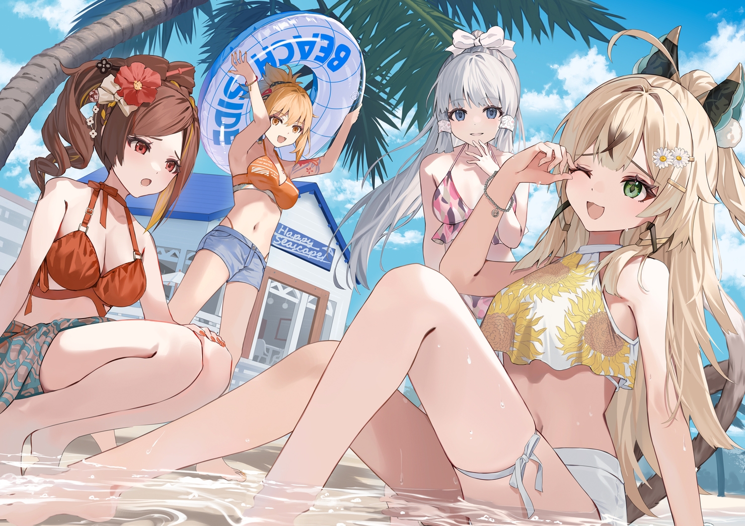 animal_ears, barefoot, bikini, blonde_hair, blue_eyes, bow, brown_hair, building