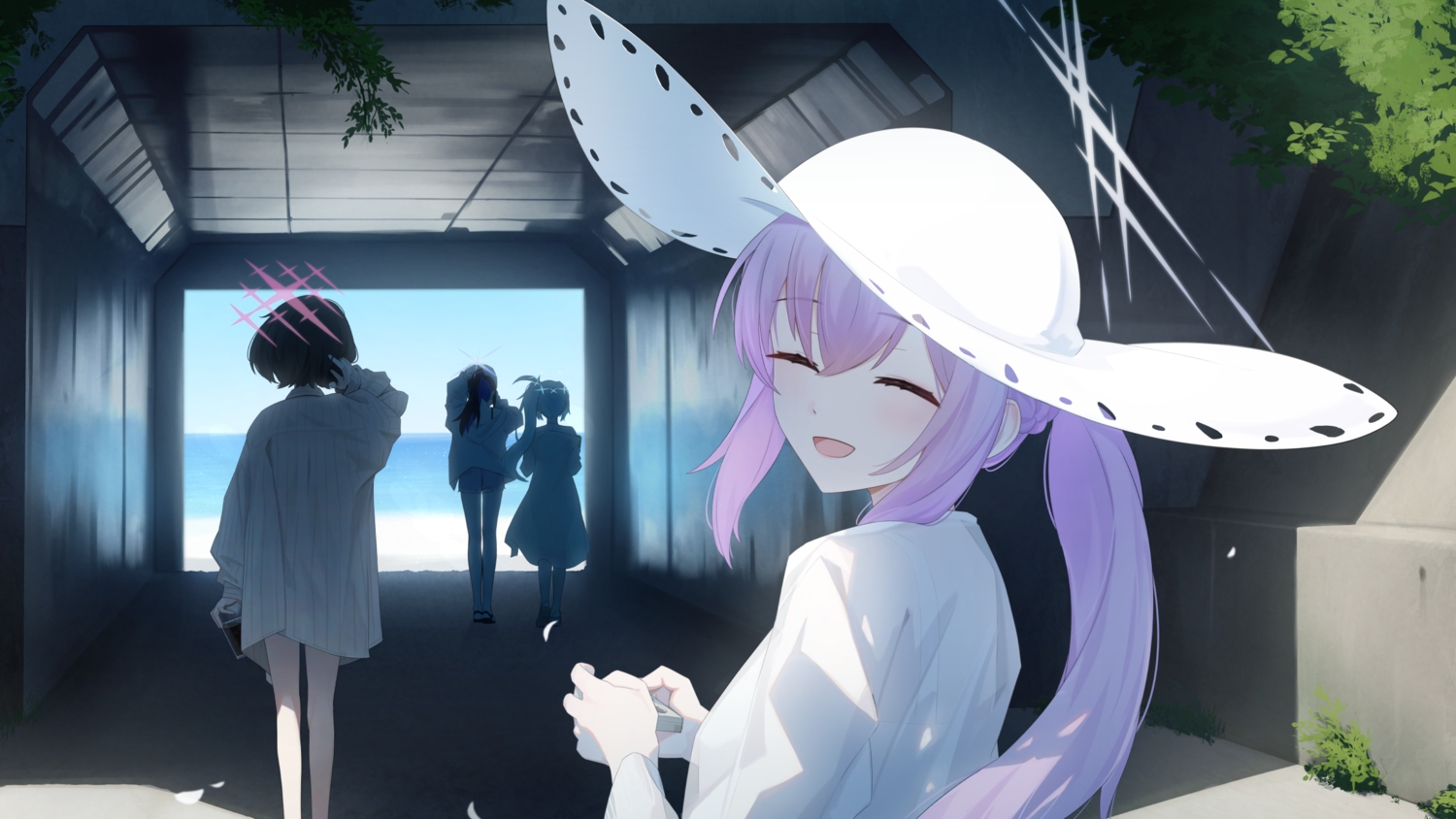 beach, black_hair, blue_archive, braids, clouds, group, hakari_atsuko, hat, imashino_misaki, joumae_saori, kis_sako, leaves, long_hair, ponytail, purple_hair, see_through, shirt, short_hair, shorts, sky, tsuchinaga_hiyori, water