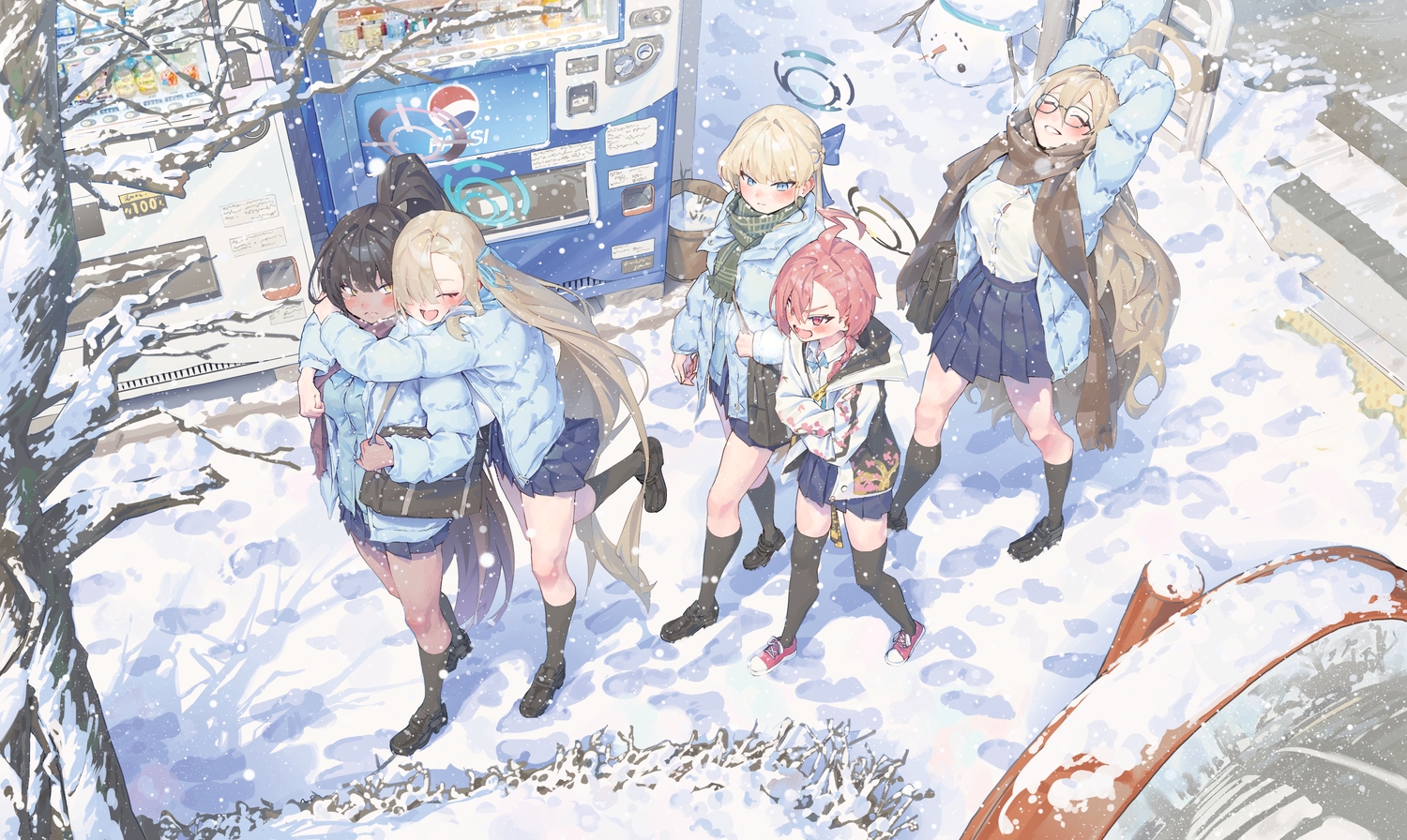 asuma_toki, black_hair, blonde_hair, blue_archive, blue_eyes, blush, bow, braids
