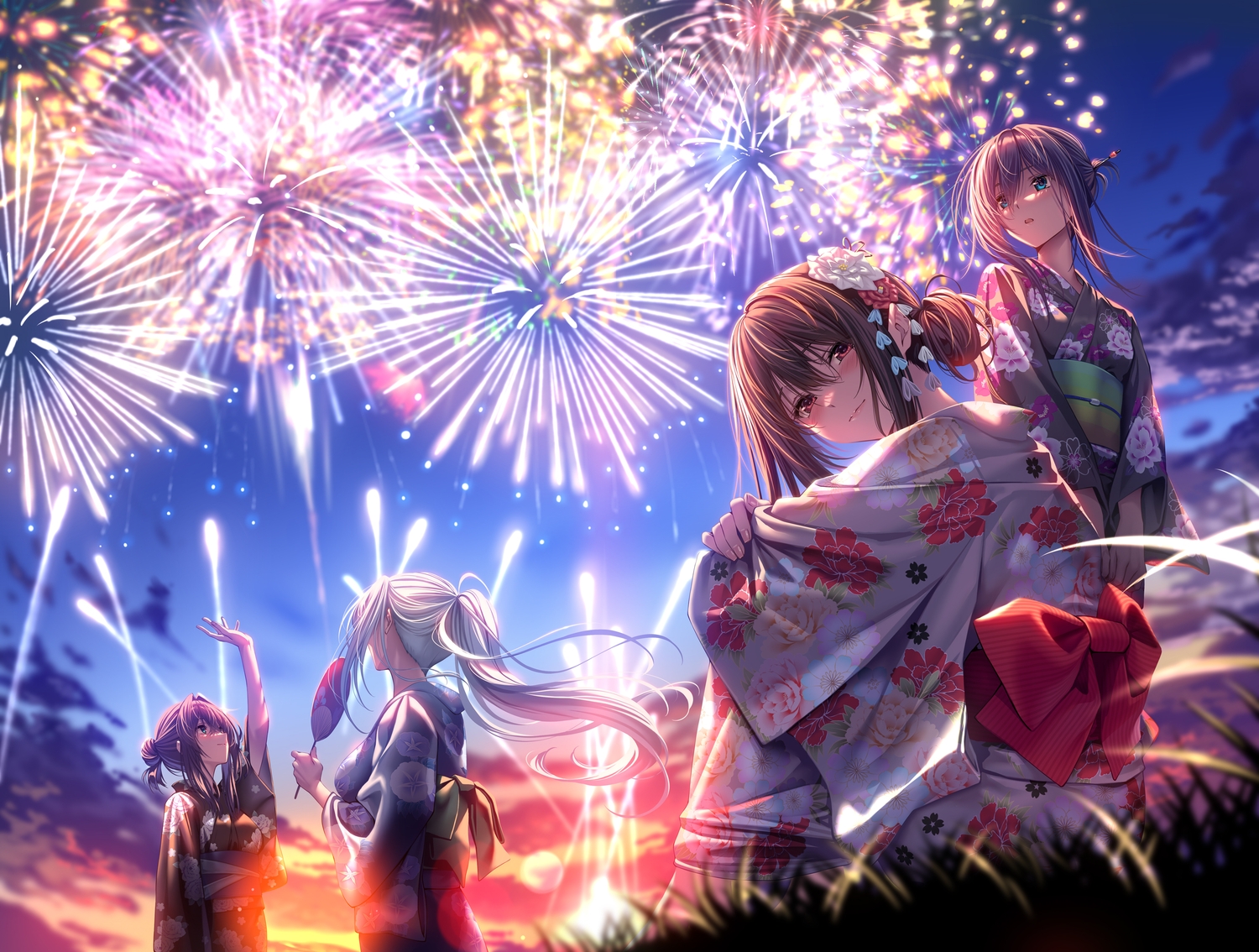 amagasa_tsuzuri, blush, brown_hair, clouds, fireworks, gray_hair, green_eyes, group