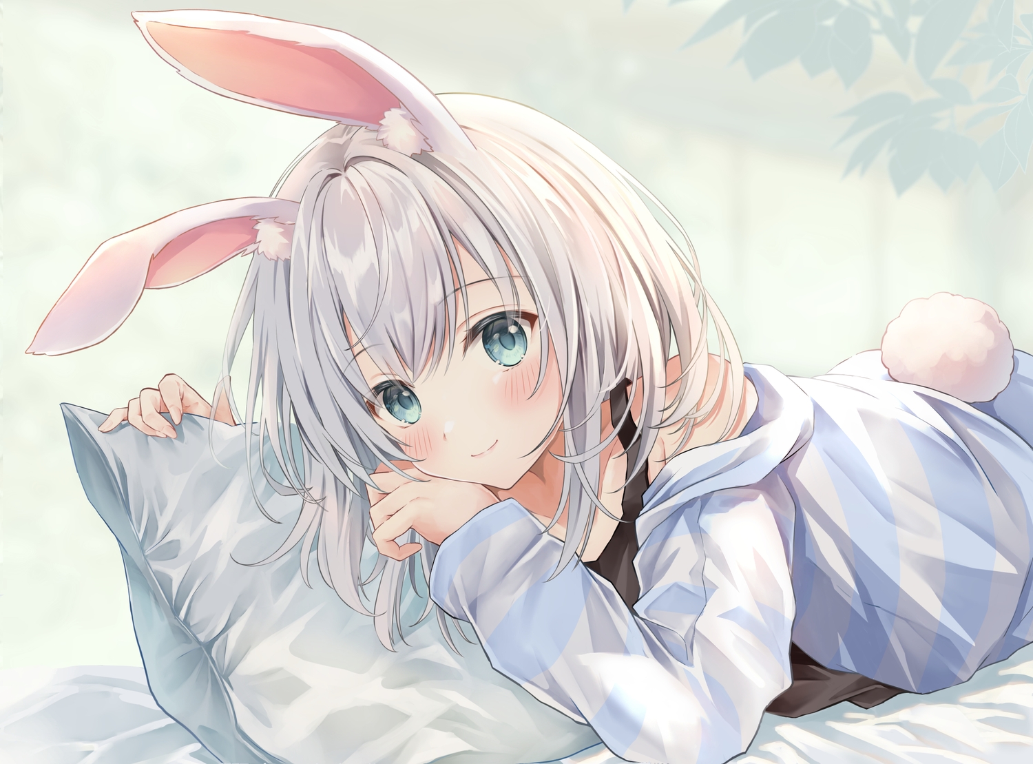 animal_ears, aqua_eyes, bed, blush, bunny_ears, bunnygirl, close, gray_hair