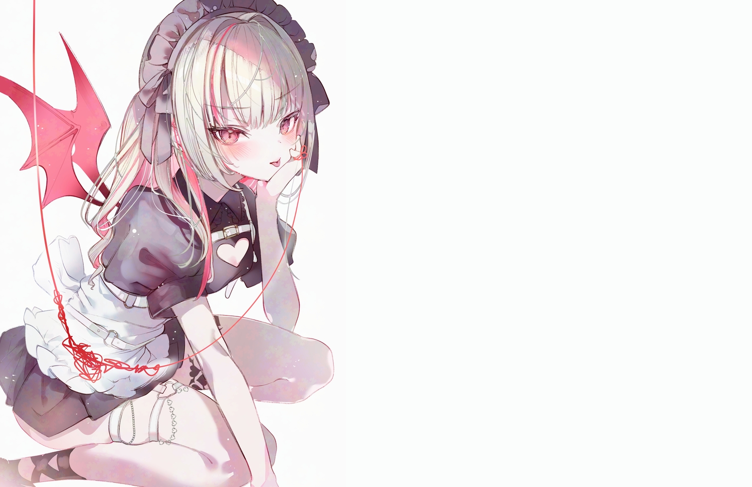 1-gou_(111touban), apron, blush, bow, garter, gray_hair, headdress, long_hair, maid, makaino_ririmu, nijisanji, red_eyes, sketch, third-party_edit, white, wings