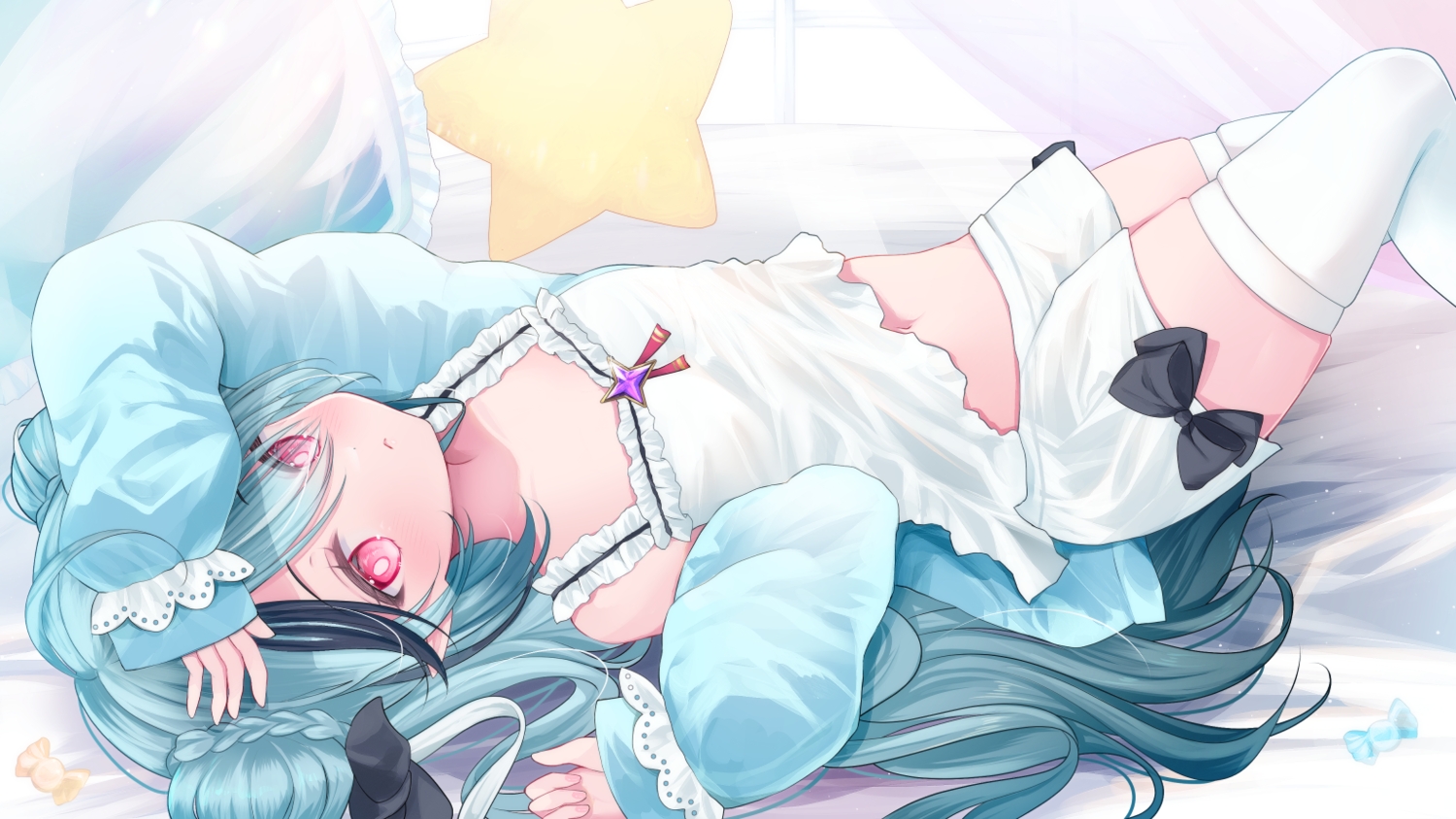 aliasing, aqua_hair, bed, blush, bow, braids, candy, flat_chest