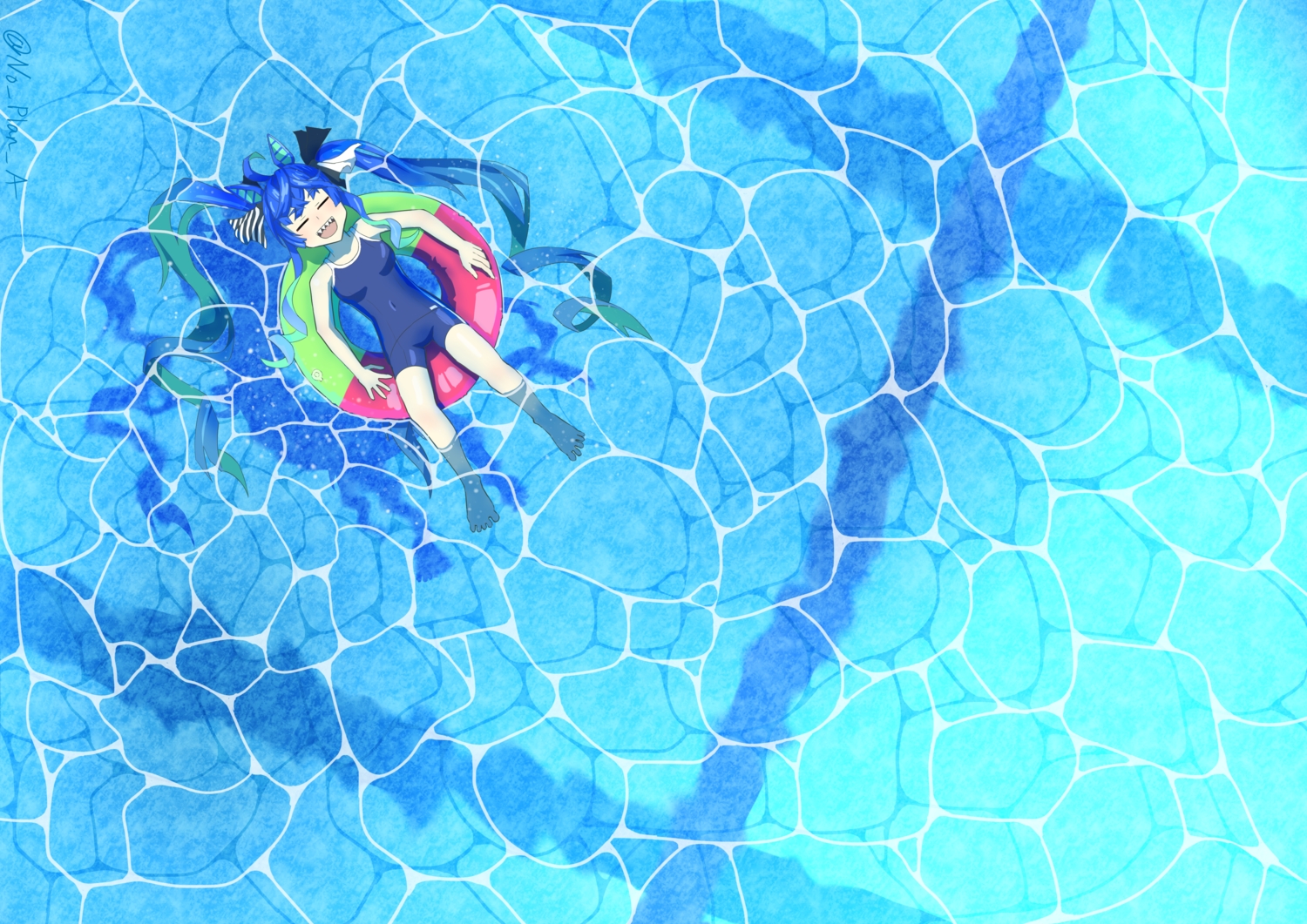 animal_ears, anthropomorphism, barefoot, blue_hair, long_hair, no_plan_a, pool, school_swimsuit, shorts, signed, swim_ring, swimsuit, twintails, twin_turbo_(umamusume), uma_musume:_pretty_derby, water