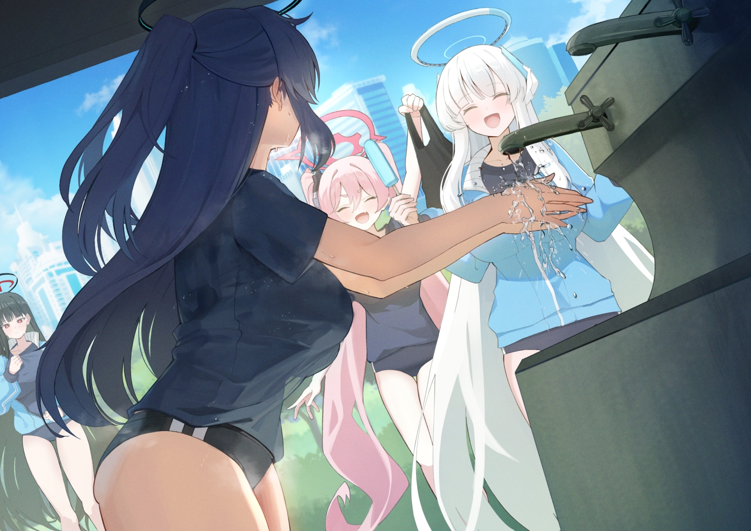 black_hair, bloomers, blue_archive, blue_hair, breasts, building, city, clouds