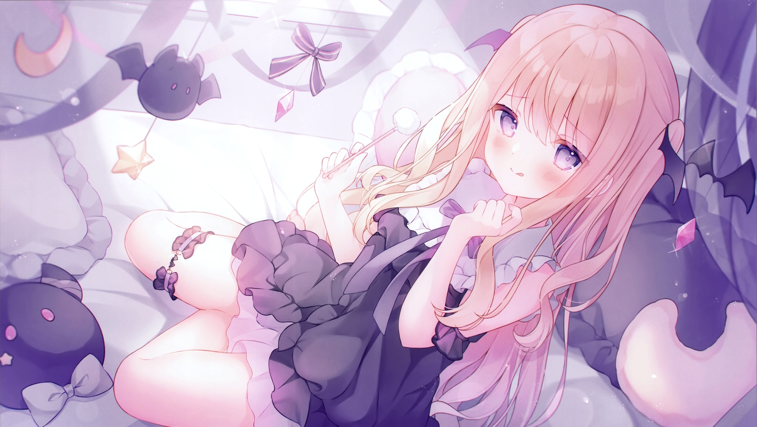 bed, blonde_hair, bow, cropped, dress, garter, long_hair, omochi_monaka