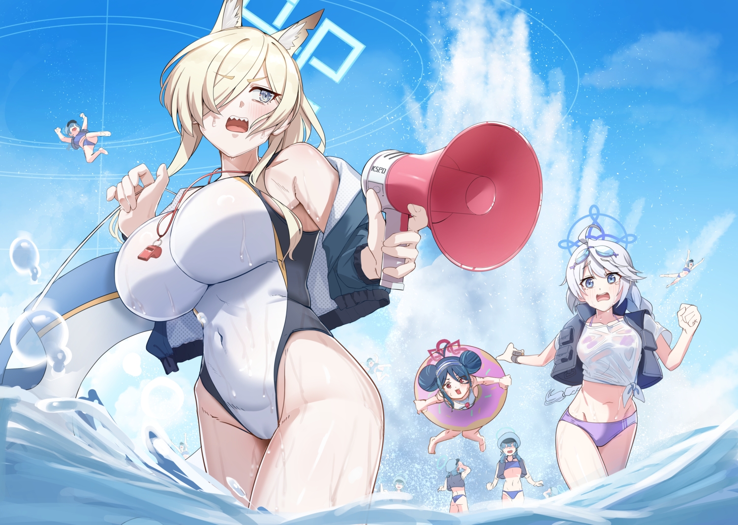 animal_ears, barefoot, bikini, blonde_hair, blue_archive, blue_eyes, blue_hair, blush, braids, breasts, cat_smile, clouds, doggirl, goggles, gray_eyes, gray_hair, group, halo, hat, loli, long_hair, naka1379, nakatsukasa_kirino, nemugaki_fubuki, ogata_kanna, ponytail, red_eyes, school_swimsuit, see_through, skintight, sky, swim_ring, swimsuit, twintails, valkryie_police_academy_student_(blue_archive), water, wet, wristwear
