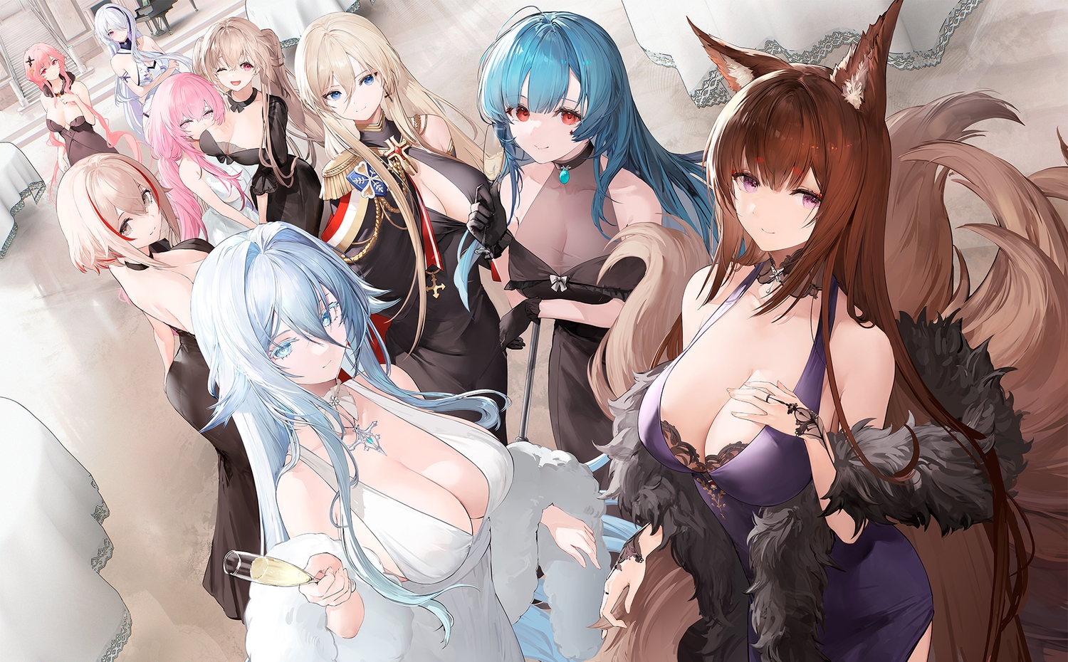 amagi_(azur_lane), anchorage_(azur_lane), animal_ears, anthropomorphism, aqua_eyes, aqua_hair, azur_lane, bismarck_(azur_lane), blonde_hair, blue_eyes, blue_hair, breast_hold, breasts, brown_eyes, brown_hair, choker, cleavage, clemenceau_(azur_lane), cross, dress, drink, foxgirl, gloves, group, long_hair, marco_polo_(azur_lane), military, multiple_tails, necklace, perseus_(azur_lane), pink_eyes, pink_hair, purple_eyes, red_eyes, roon_(azur_lane), see_through, short_hair, sovetsky_soyuz_(azur_lane), tagme_(artist), tail, twintails, unzen_(azur_lane), white_hair, wink, wristwear