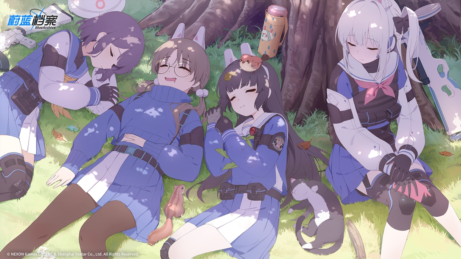animal, animal_ears, bird, black_hair, blue_archive, braids, brown_hair, bunny_ears