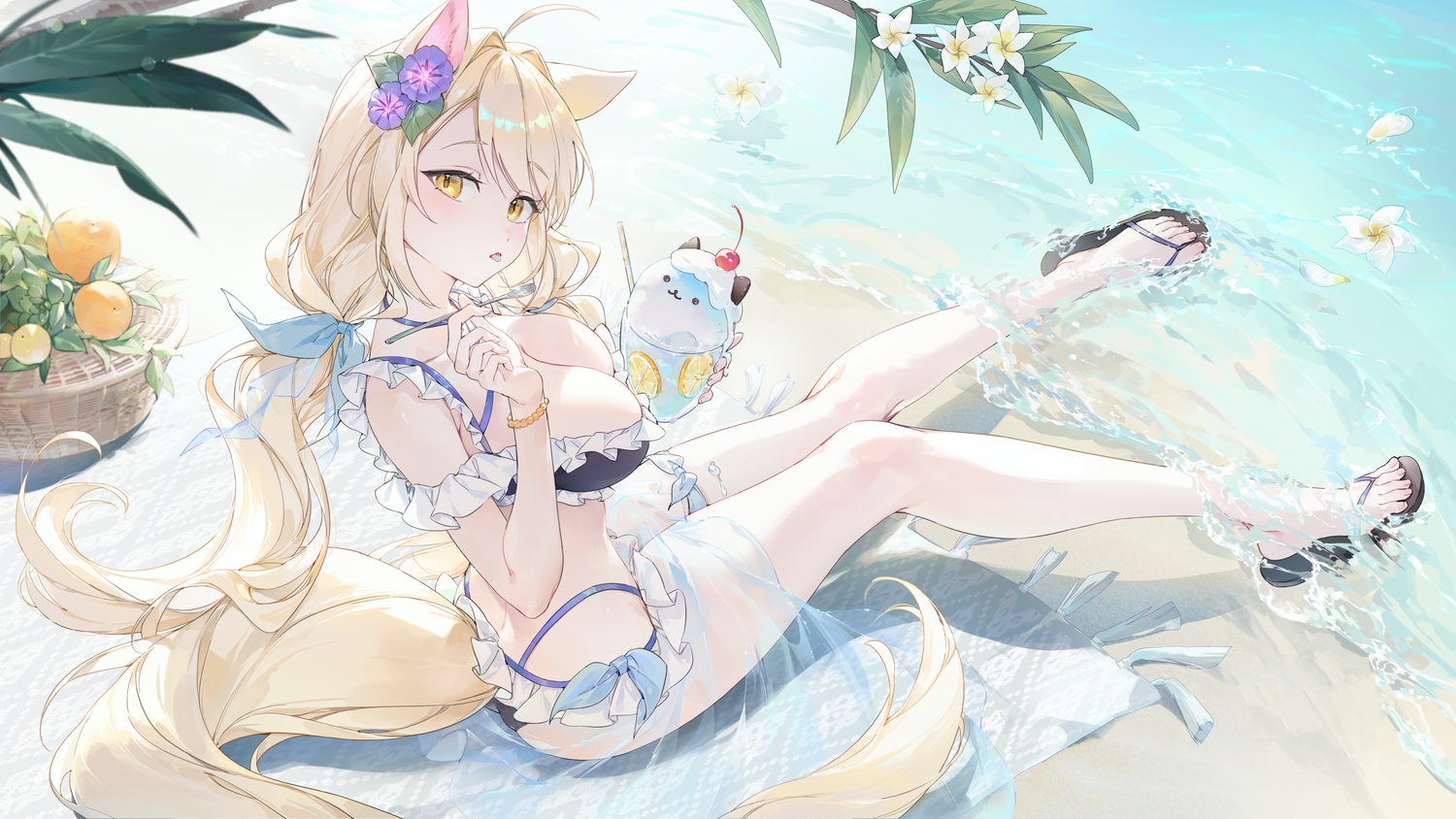 animal_ears, ass, beach, bikini, blonde_hair, blush, bow, breasts