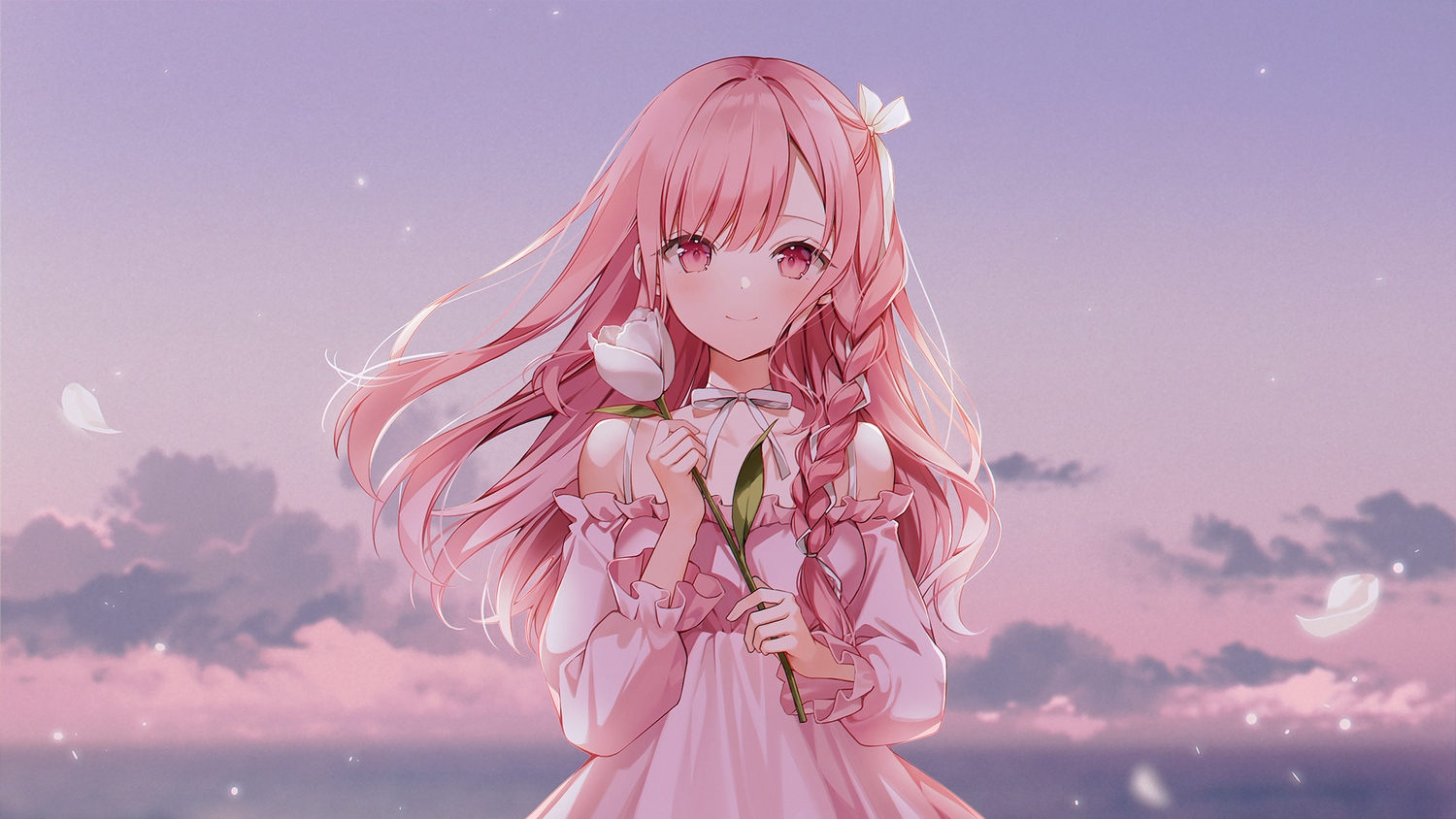 blush, bow, braids, choker, clouds, dress, flowers, long_hair