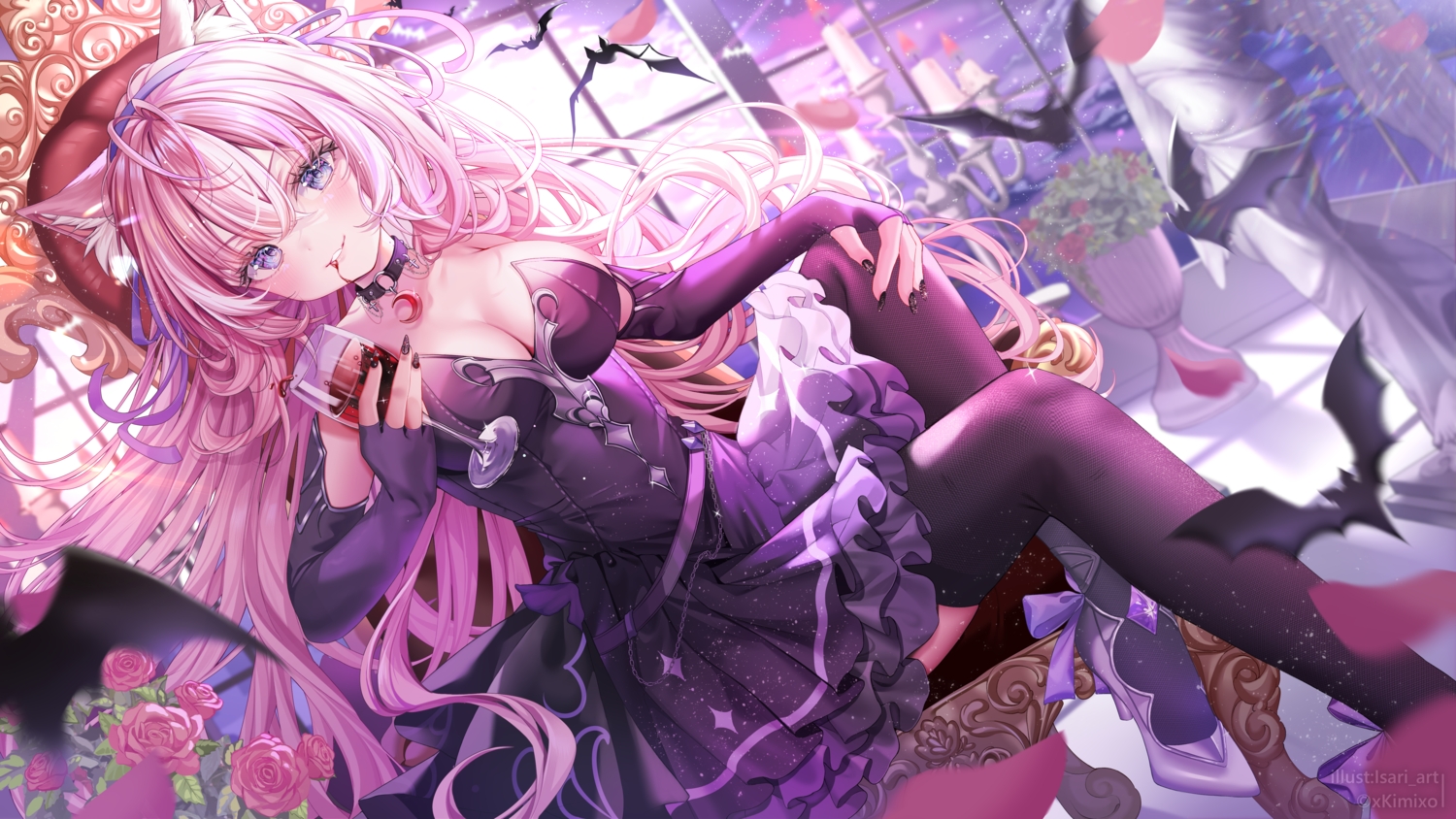 animal, animal_ears, bat, blush, breasts, cat_smile, cleavage, collar
