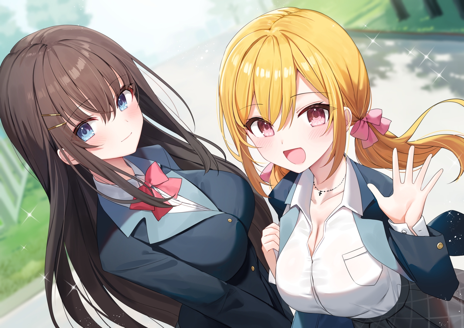 2girls, blonde_hair, blue_eyes, blush, breasts, brown_hair, cleavage, close