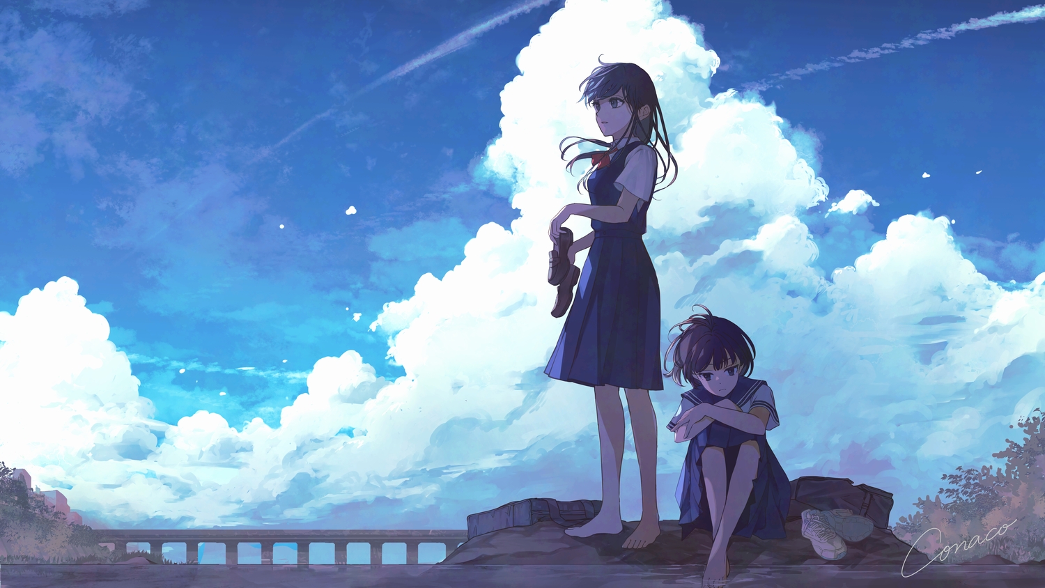 2girls, barefoot, black_eyes, black_hair, bow, clouds, dress, long_hair