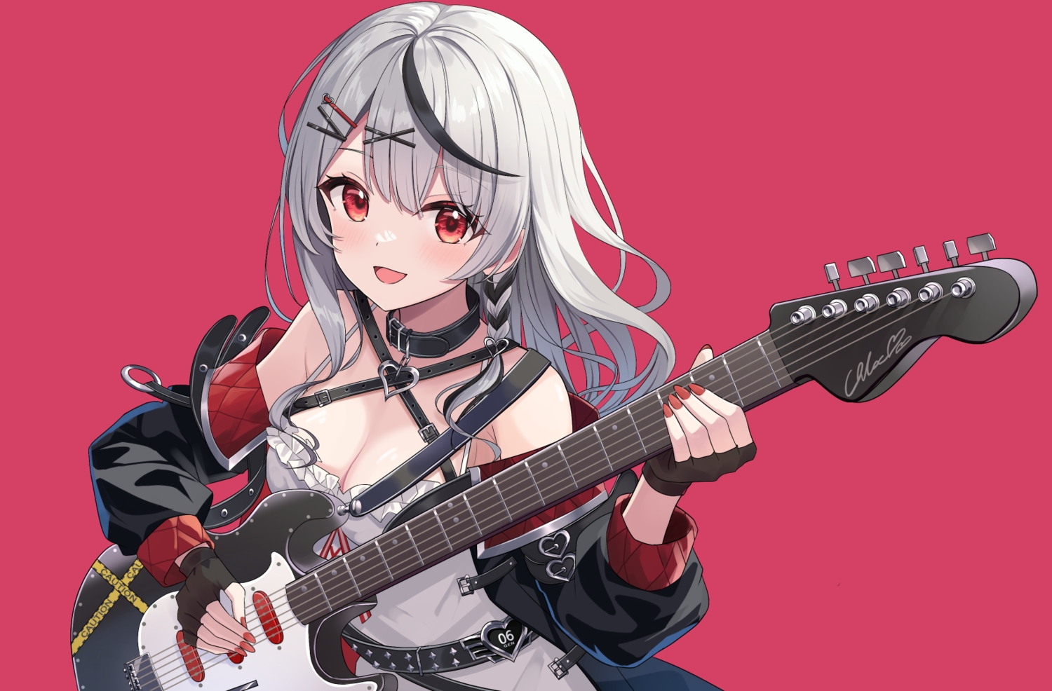adju_ster, blush, braids, breasts, cleavage, collar, gloves, gray_hair, guitar, hololive, instrument, long_hair, red, red_eyes, sakamata_chloe