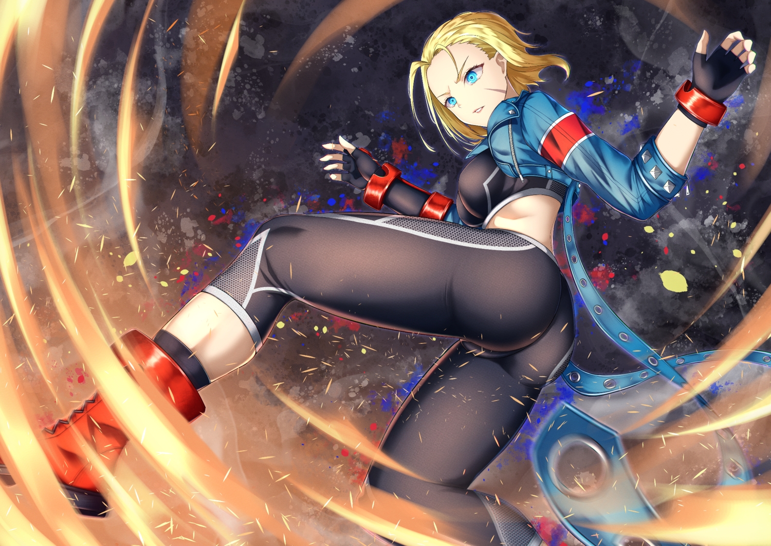 aqua_eyes, ass, blonde_hair, boots, cammy_white, gloves, kick, scar, short_hair, skintight, sou_skate714, sports_bra, street_fighter, wristwear