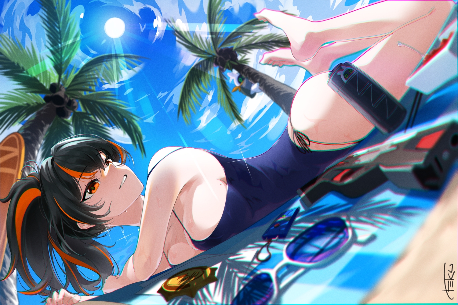 barefoot, black_hair, breasts, cleavage, clouds, gun, ponytail, red_eyes, signed, sky, sunglasses, swimsuit, t3ku, tree, weapon, zenless_zone_zero, zhu_yuan
