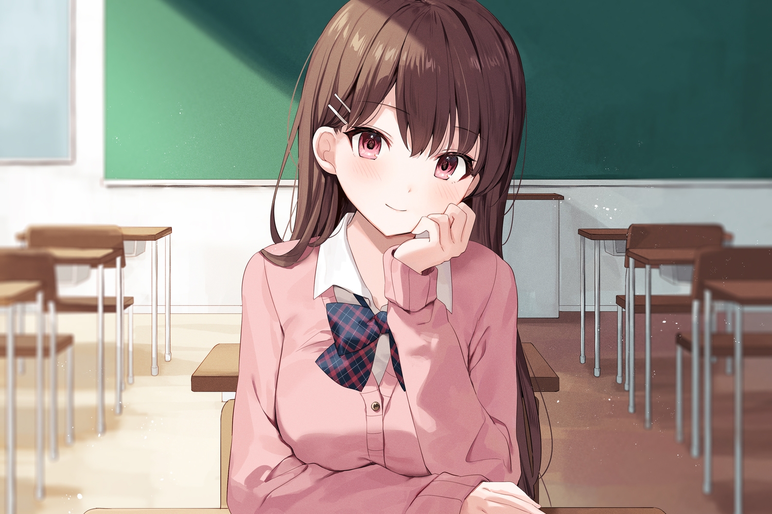 blush, brown_hair, close, cropped, long_hair, original, pink_eyes, school_uniform, yon_(letter)