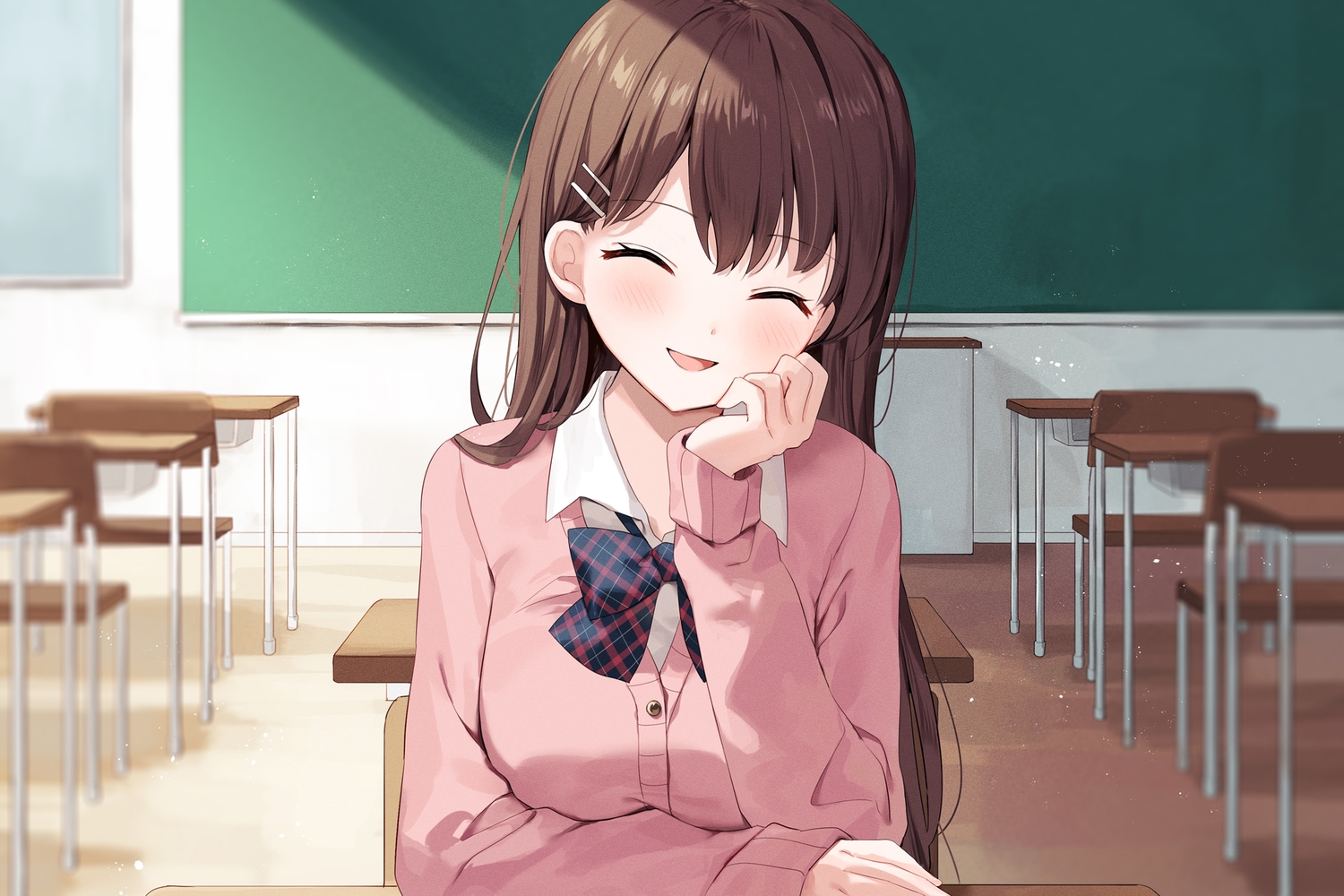 blush, brown_hair, close, cropped, long_hair, original, school_uniform, yon_(letter)