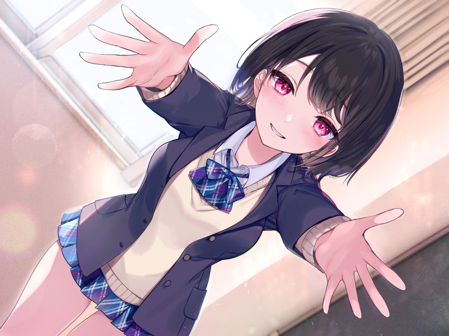aliasing, black_hair, blush, hayakawa_akari, original, pink_eyes, school_uniform, short_hair