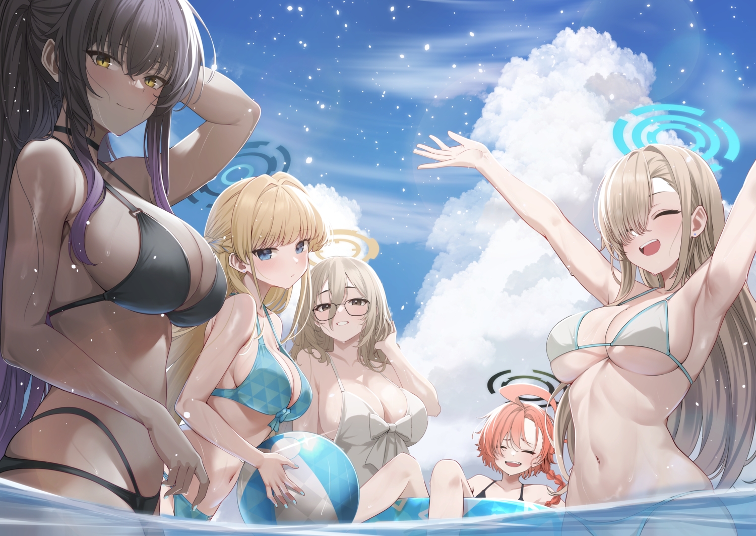 asuma_toki, ball, bikini, black_hair, blonde_hair, blue_archive, blue_eyes, blush
