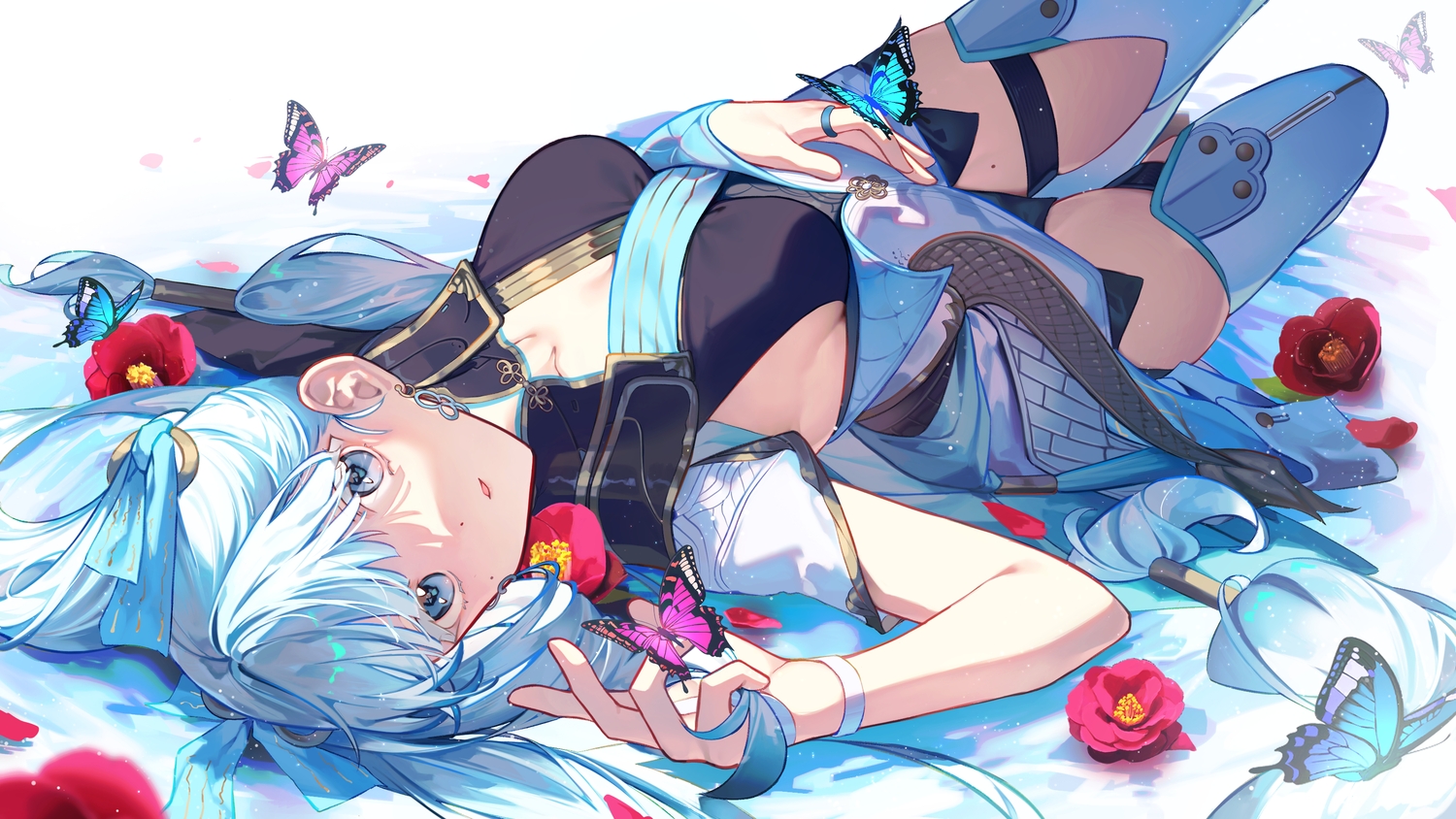 blue_eyes, bow, breasts, butterfly, dress, flowers, garter, gray_hair, jinhsi_(wuthering_waves), long_hair, petals, ribbons, shotgunman, sideboob, thighhighs, wristwear, wuthering_waves