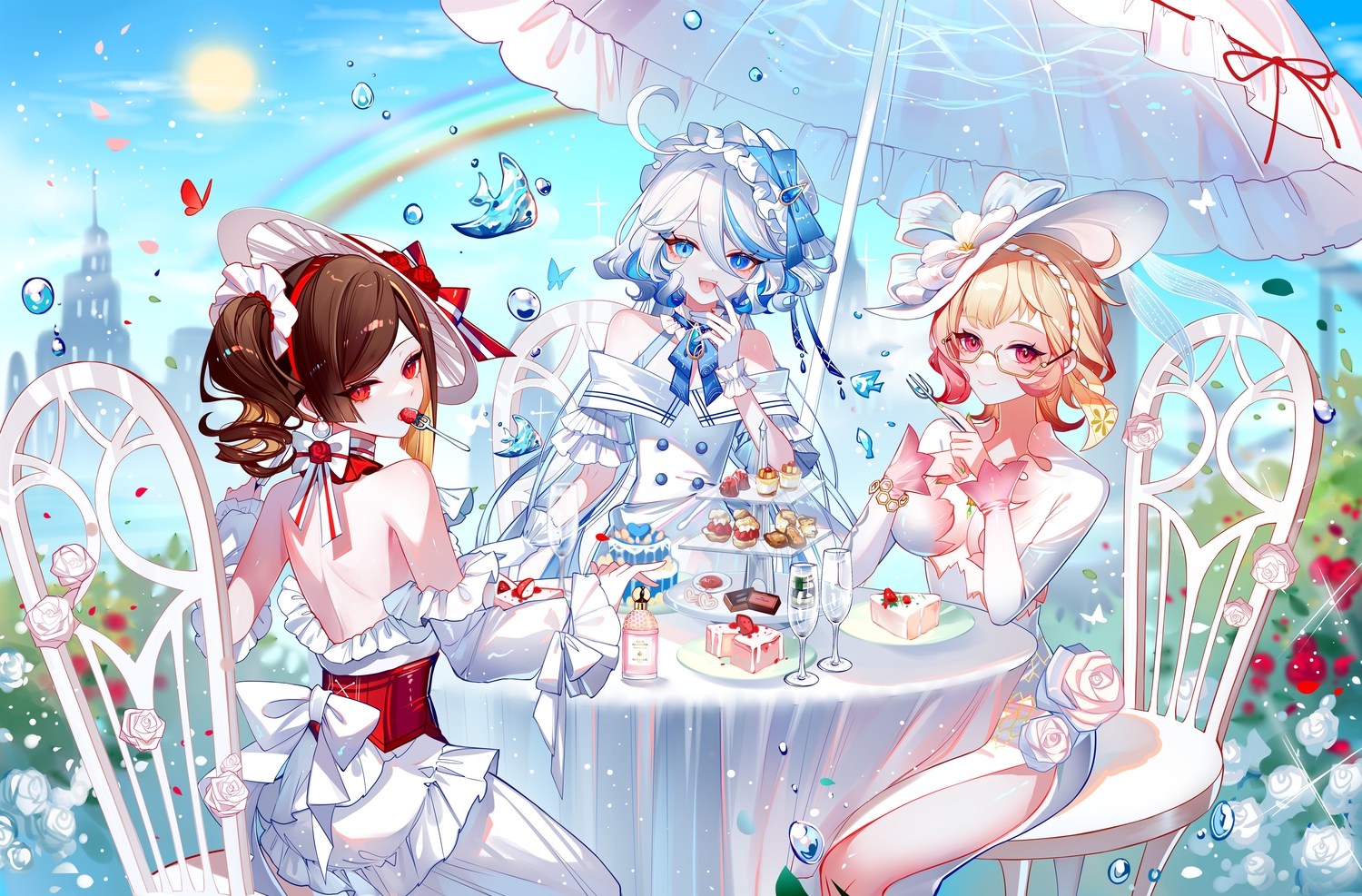 bicolored_eyes, blonde_hair, blue_eyes, blush, bow, breasts, brown_hair, butterfly, cake, chiori_(genshin_impact), choker, cleavage, clouds, corset, dress, emilie_(genshin_impact), flat_chest, flowers, food, fruit, furina_(genshin_impact), genshin_impact, glasses, gloves, hat, long_hair, pink_eyes, ponytail, rainbow, red_eyes, rose, sheya, short_hair, sky, strawberry, umbrella, white_hair