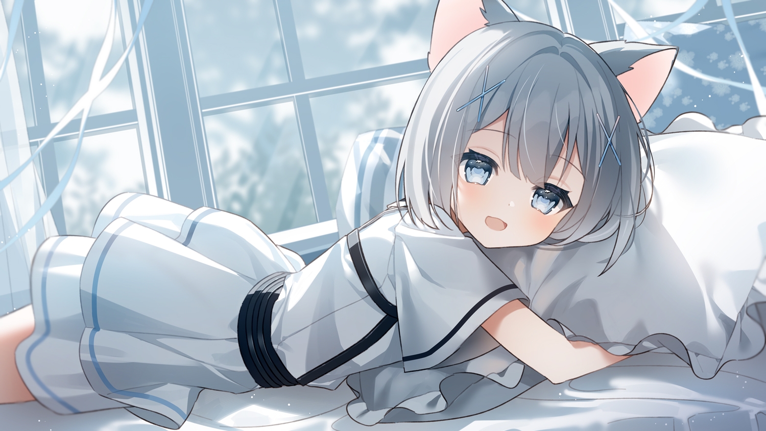 animal_ears, bed, blue_eyes, catgirl, dress, flat_chest, gray_hair, norn_(norncoco), original, ribbons, short_hair