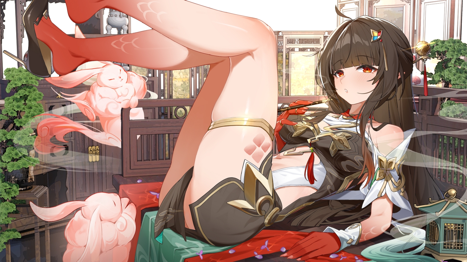 animal, blush, breast_hold, brown_hair, dress, garter, honkai_(series), honkai:_star_rail