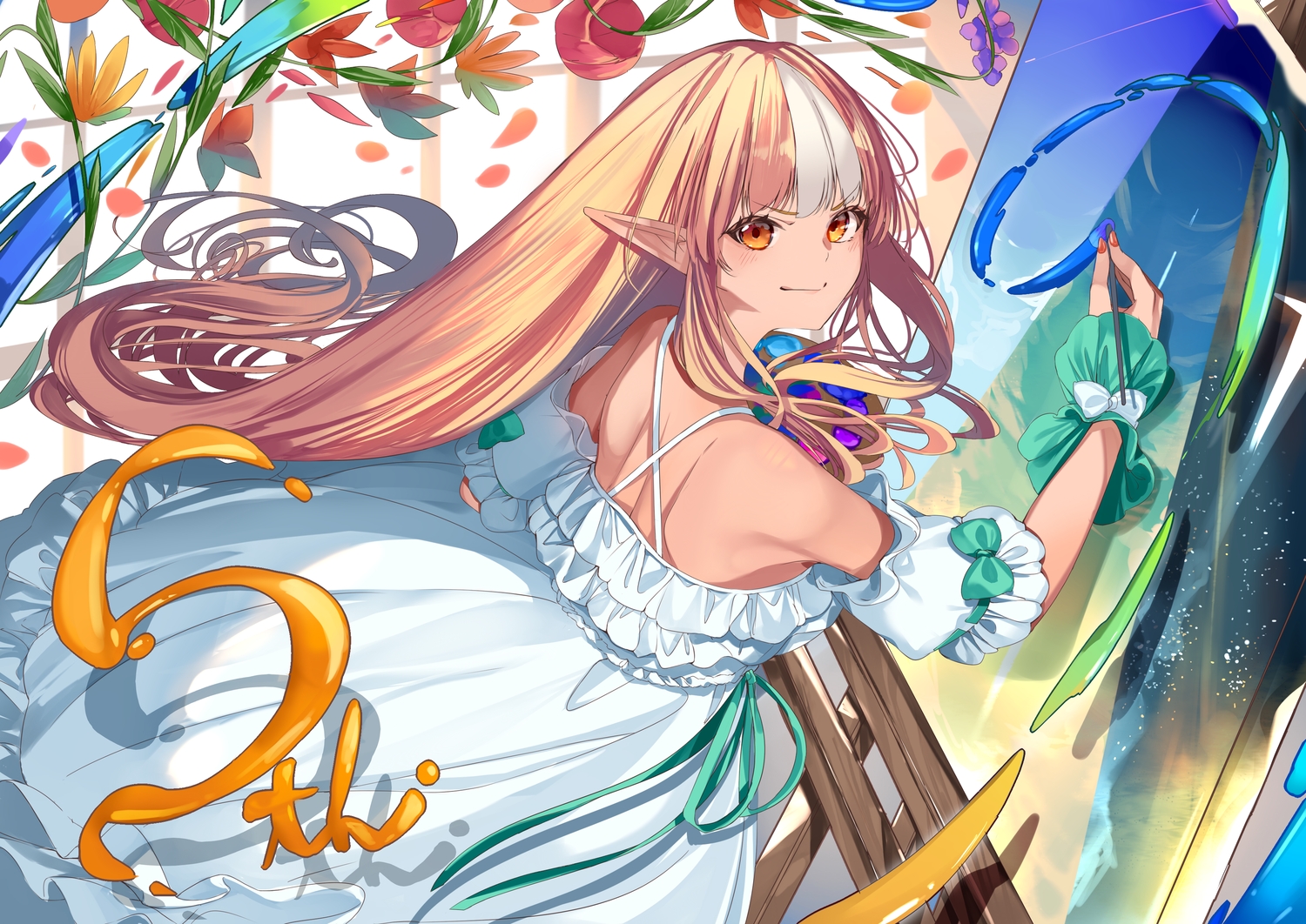 blonde_hair, blush, bow, dark_skin, dress, flowers, hololive, long_hair