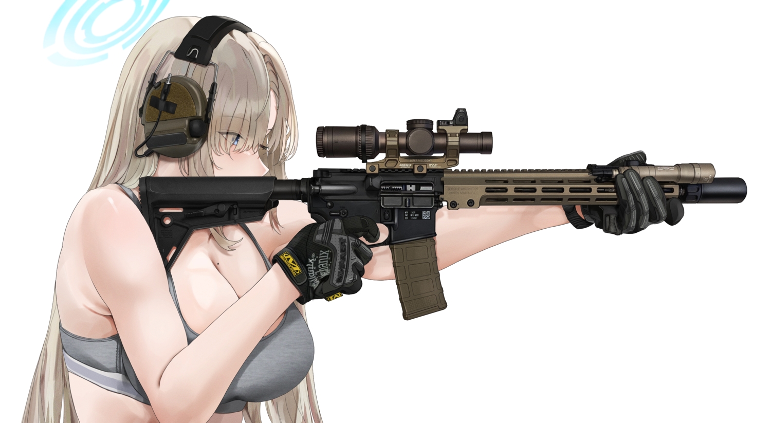 blue_archive, blue_eyes, breasts, brown_hair, cleavage, close, fte_(fifteen_199), gloves, gun, halo, headphones, ichinose_asuna, long_hair, military, sports_bra, weapon, white