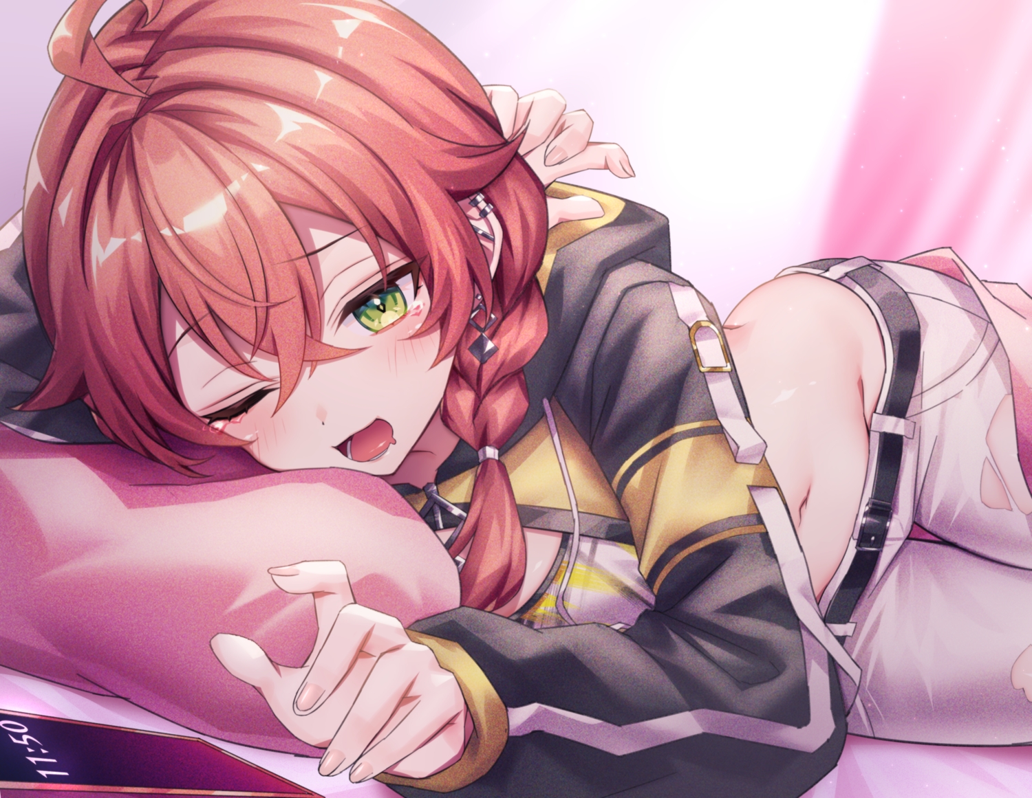 bed, blush, braids, cat_smile, close, green_eyes, hood, navel, neit_ni_sei, nijisanji, phone, red_hair, shishido_akari, tears, torn_clothes, twintails, wink
