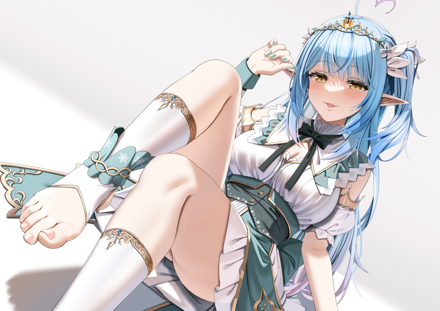 barefoot, blue_hair, blush, breasts, casino_(casinoep), cleavage, close, hololive