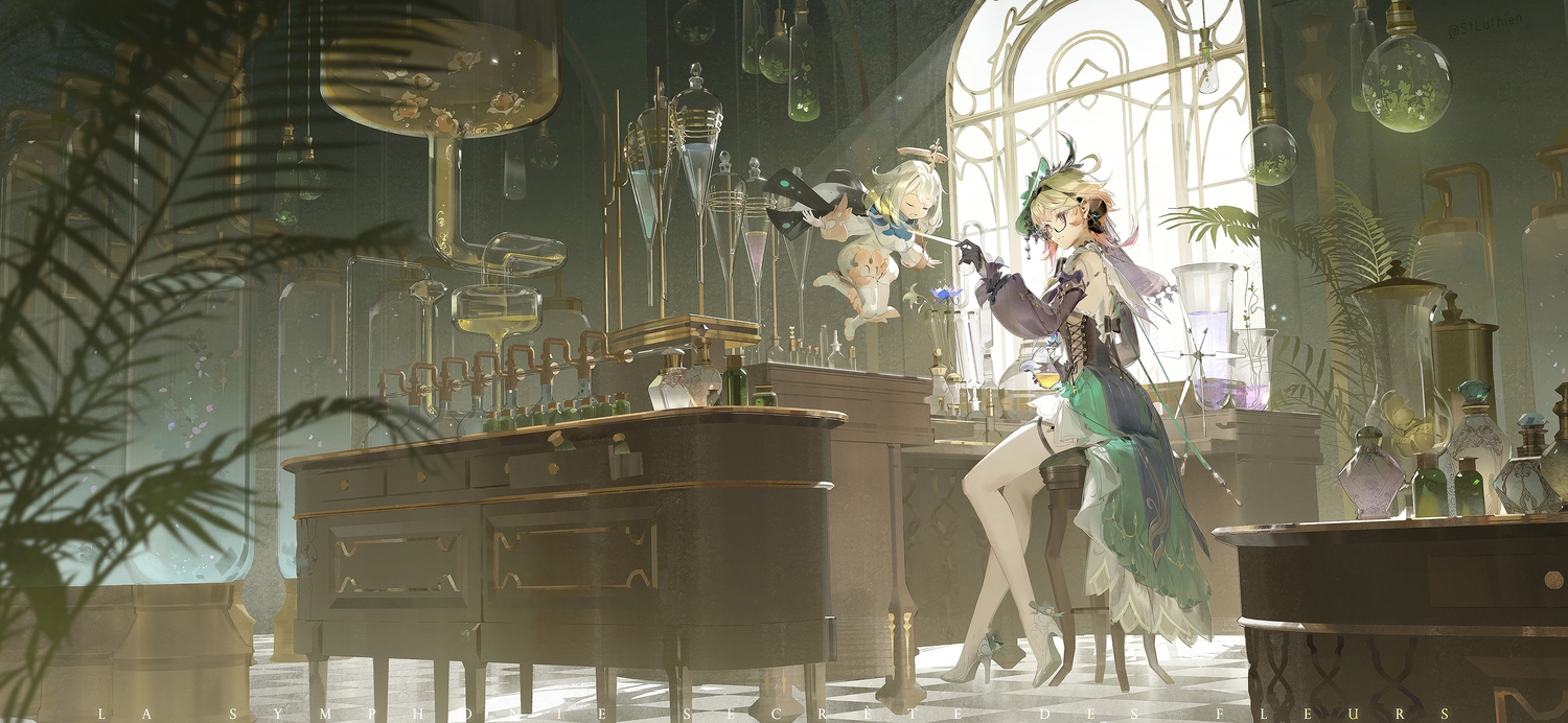 2girls, 3d, blonde_hair, boots, bow, corset, dress, emilie_(genshin_impact)