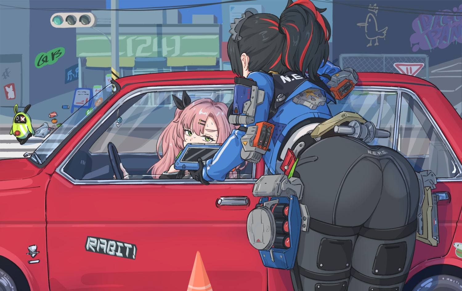 2girls, armor, ass, black_hair, building, car, city, computer, gloves, graffiti, green_eyes, gun, headband, long_hair, nicole_demara, pink_hair, police, ponytail, skintight, tinkie, twintails, weapon, zenless_zone_zero, zhu_yuan