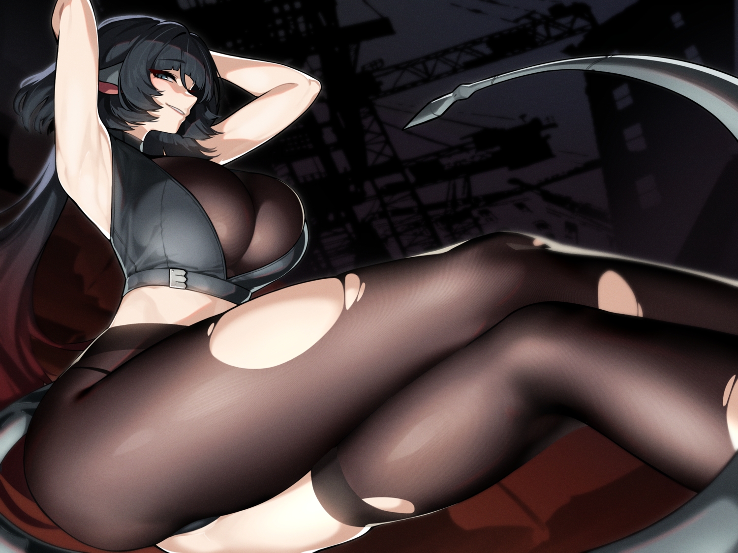 animal_ears, aqua_eyes, ass, black_hair, breasts, close, dev_(dev0614), jane_doe_(zenless_zone_zero), long_hair, mousegirl, pantyhose, tail, thighhighs, torn_clothes, zenless_zone_zero