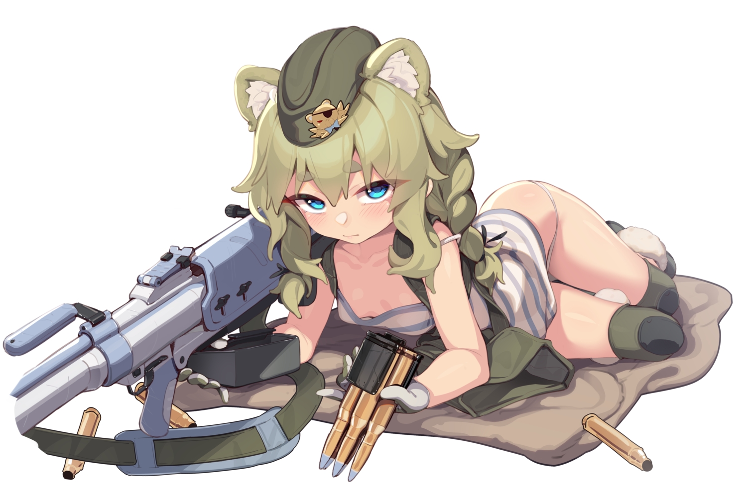 animal_ears, aqua_eyes, blush, boots, dress, gloves, green_hair, gun